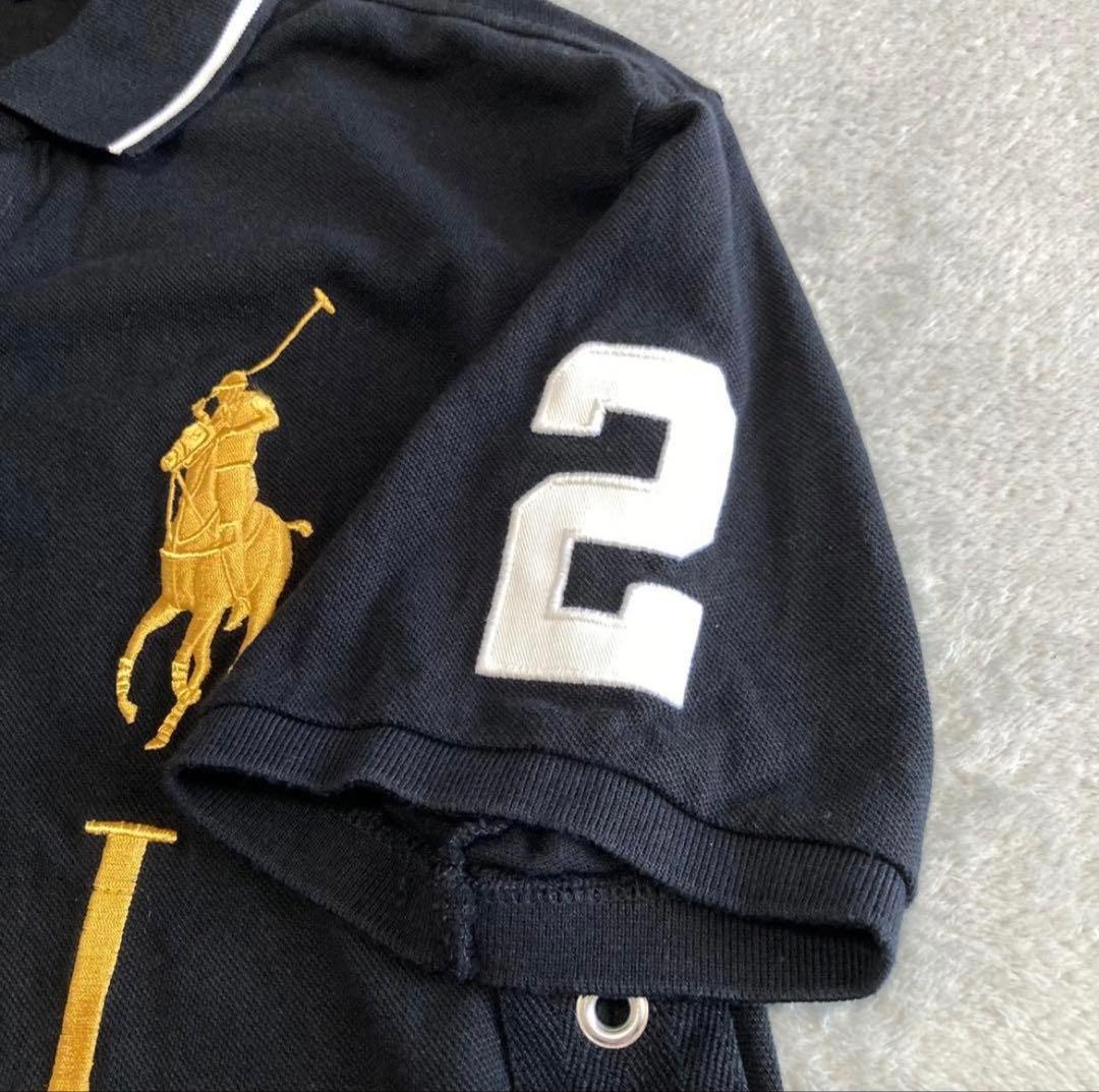 ポロラルフローレン 鹿の子 半袖ポロシャツ ドバイ ビッグポニー 金刺繍 黒 L