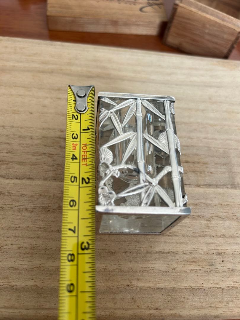 時代 昭和レトロ 銀製 極上細工硝子 松竹梅楊枝入れ 箱付き在銘175g