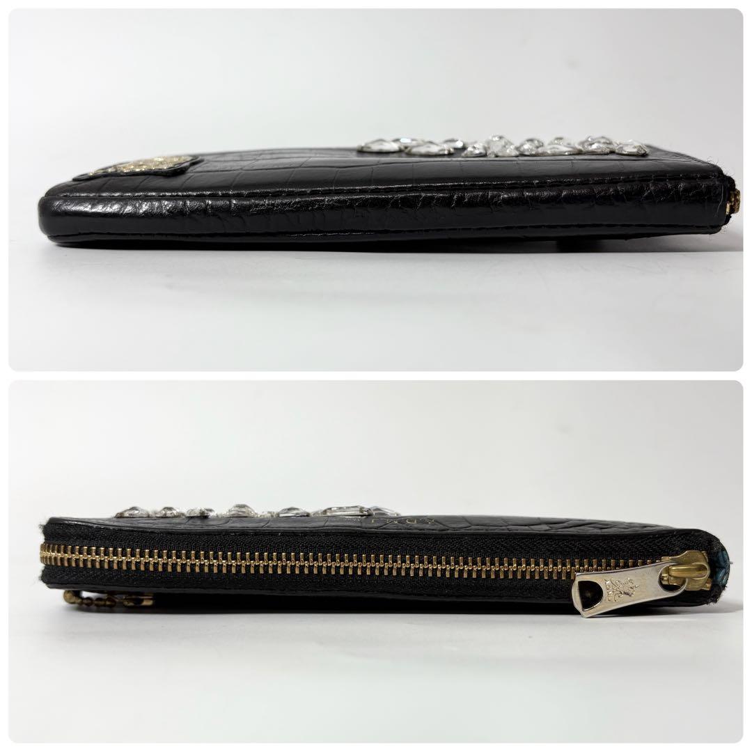 ADMJ ビジュー　クロコ型押し　ブラック　L字ファスナー　長財布.