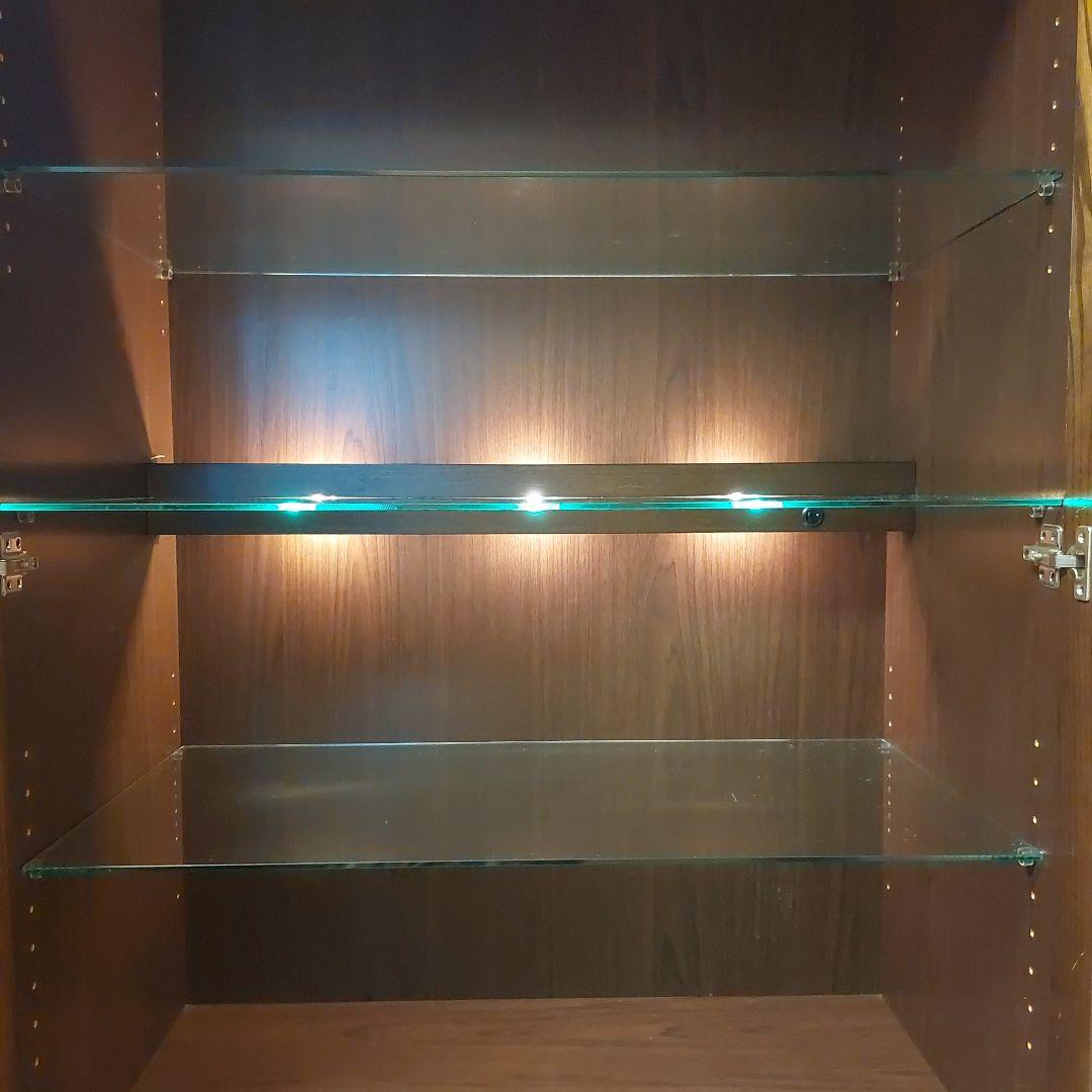 ダークブラウン ガラス棚 コレクションケース 照明・引き出し付　リビング収納