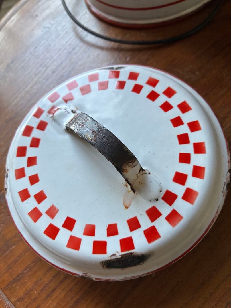 フランス　アンティーク　ホーロー　ストッカー　キャニスター　ダミエ　市松　レア