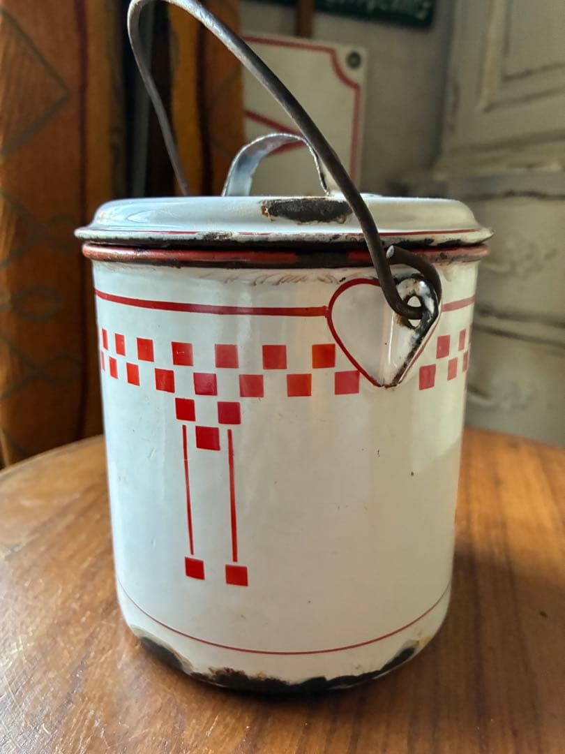 フランス　アンティーク　ホーロー　ストッカー　キャニスター　ダミエ　市松　レア