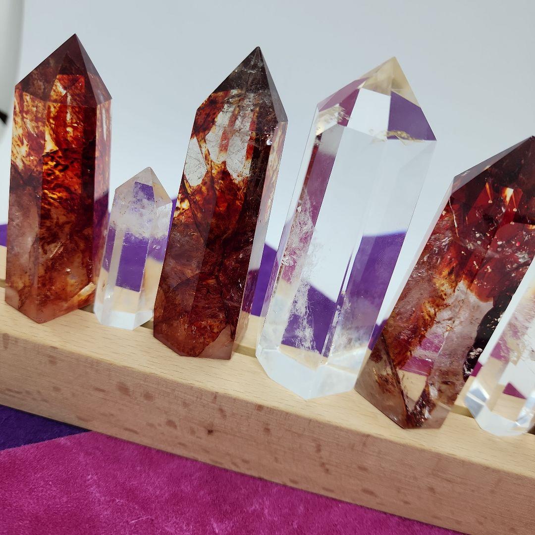 【天然石】ファイヤークォーツ＆水晶 ポイント7本セット LEDライト台座付き