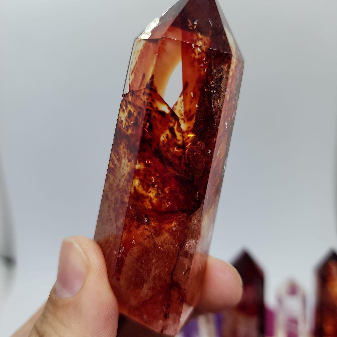 【天然石】ファイヤークォーツ＆水晶 ポイント7本セット LEDライト台座付き