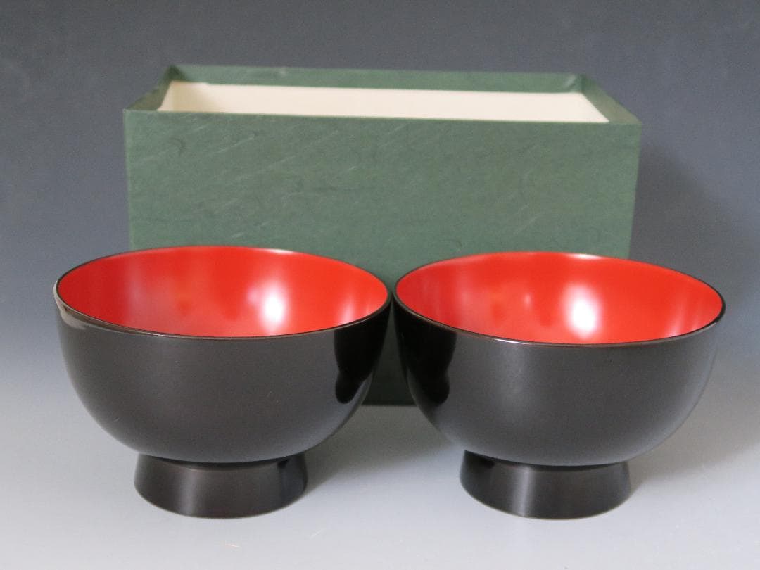 【輪島塗】雑煮椀 塩徳屋漆器店 黒内朱塗 二客揃 布着堅地 天然木 共箱