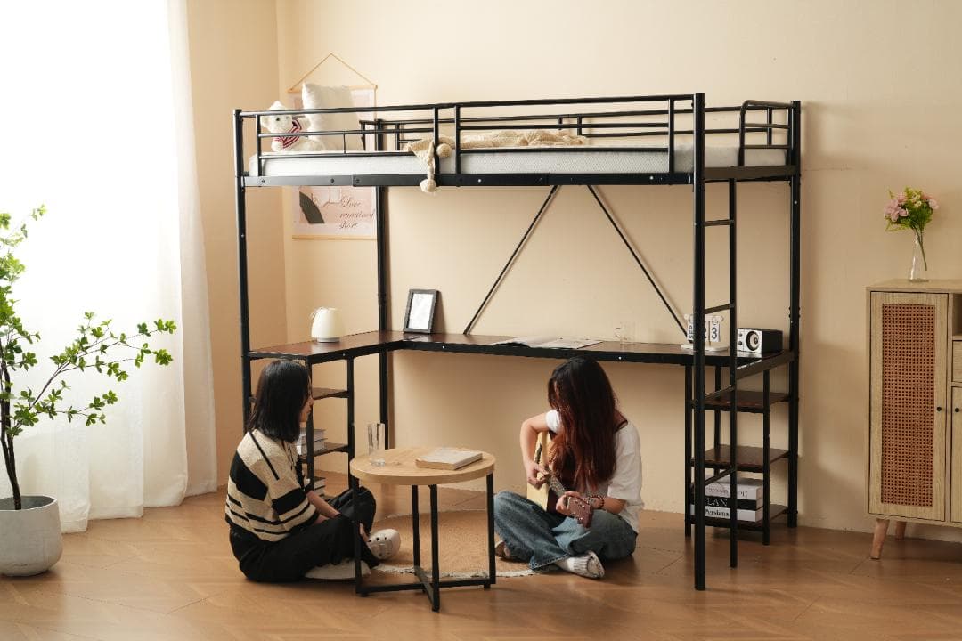 ロフトベッド パイプベッド シングル デスク付き 収納棚 ハシゴ付き 左右入れ替