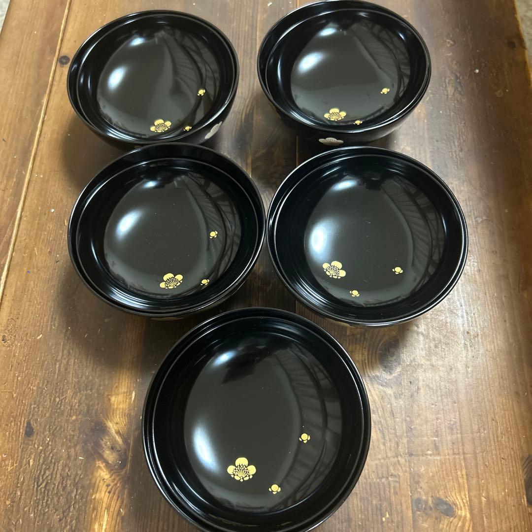 高級漆器 伝統工芸 漆塗 蓋付き お吸物椀 お正月 5客　梅 金蒔絵 会津塗