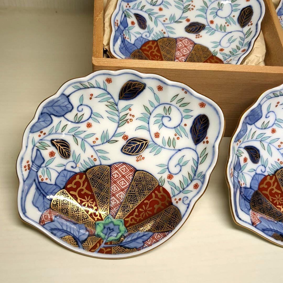 賞美堂　其泉窯　鮑型　金彩色絵菊花唐草紋　和皿揃　小皿揃　銘々皿５枚