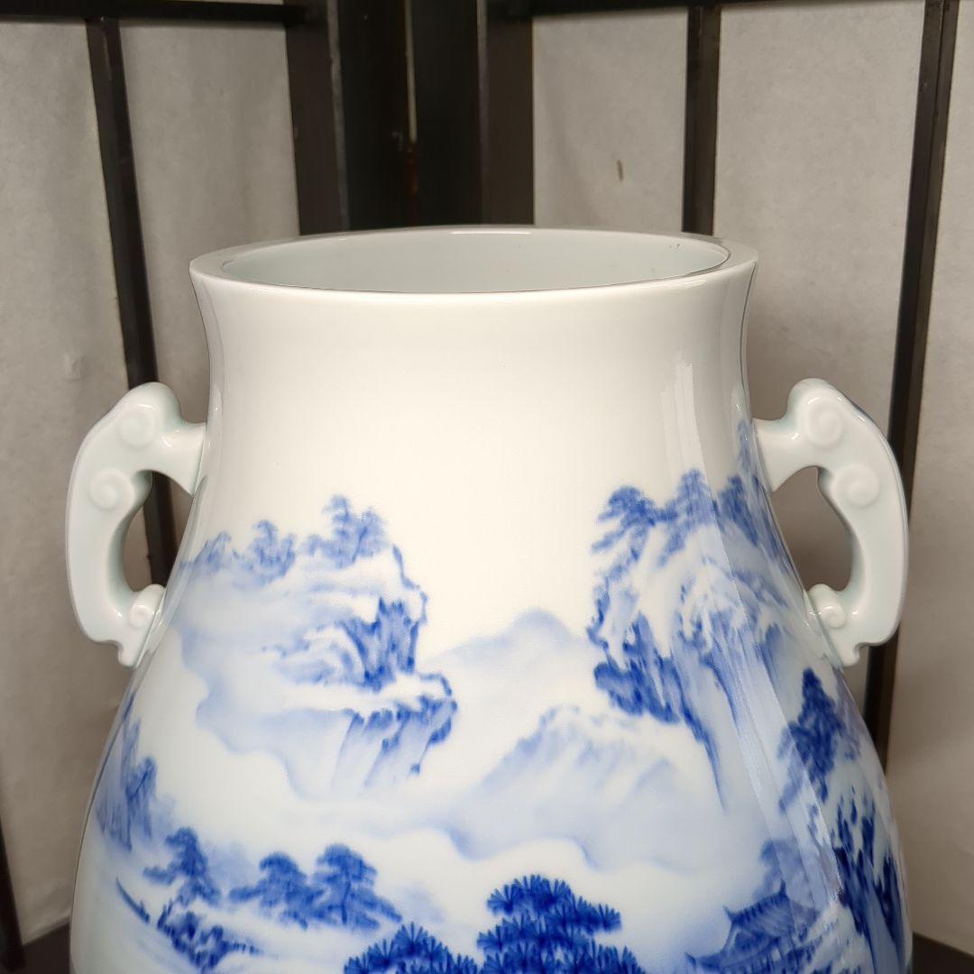 深川製磁　宮内庁御用達　染付　山水図　双耳　大花瓶　壺　1個　高さ約３３センチ