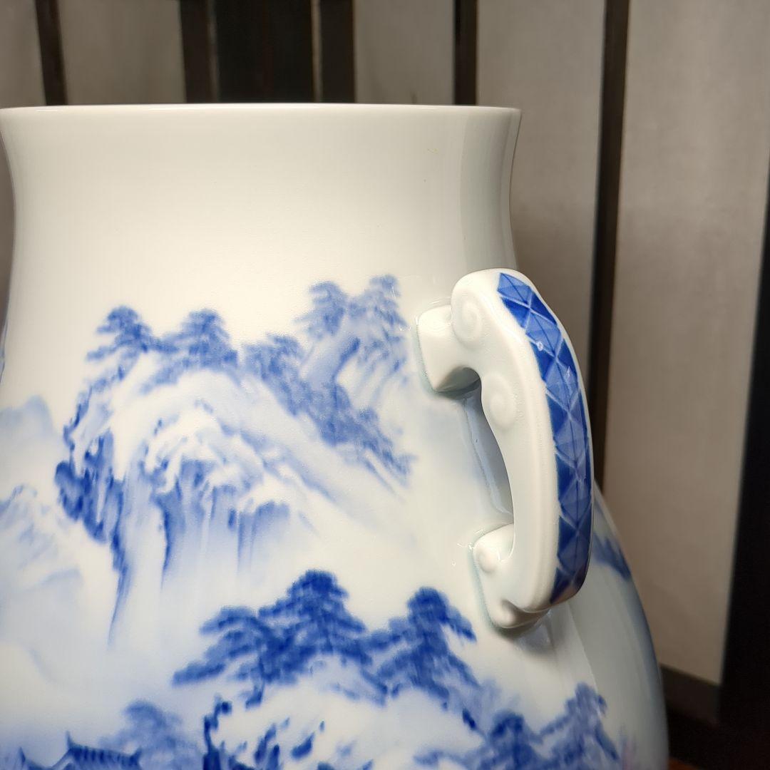 深川製磁　宮内庁御用達　染付　山水図　双耳　大花瓶　壺　1個　高さ約３３センチ