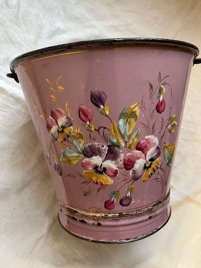 希少♡フランスアンティーク　ピンク　手描き　ホーロー　バケツ　ハンドペイント