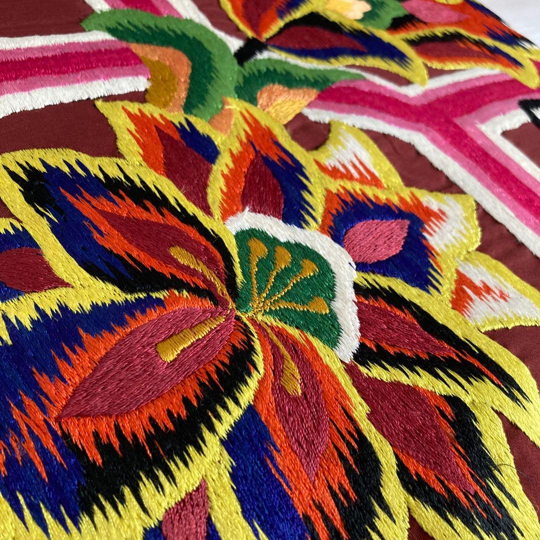 アンティーク名古屋帯　刺繍の花唐草　チョコレートブラウン　正絹　No.6-28