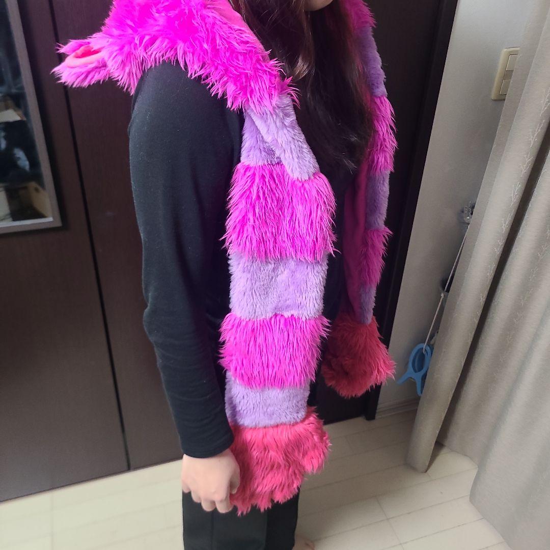 チェシャ猫 フリース耳付きフードスカーフ ピンク紫