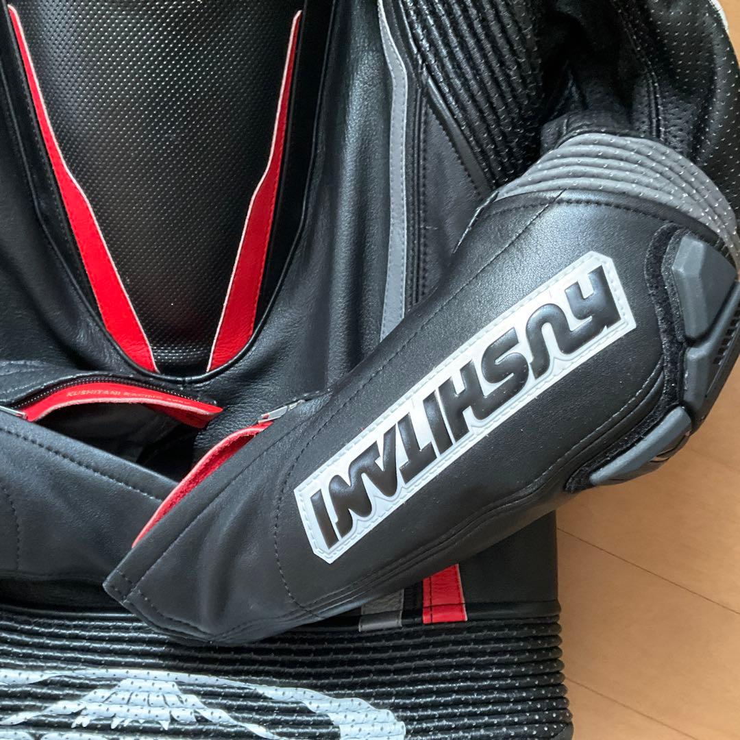 KUSHITANI バイク用革ツナギ 黒/赤　M/Lサイズ　前後プロテクター付