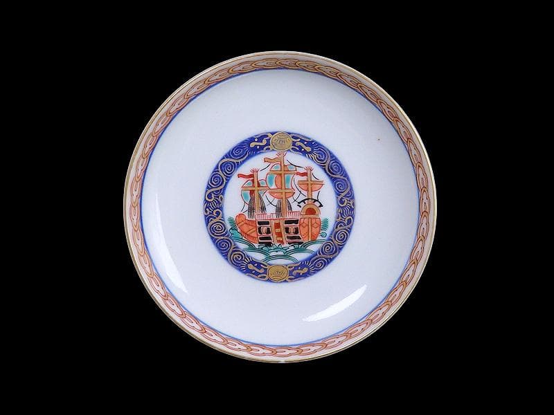 大聖寺伊万里　金襴手　五艘船に南蛮人の図　蓋茶碗　D898AS-CYo