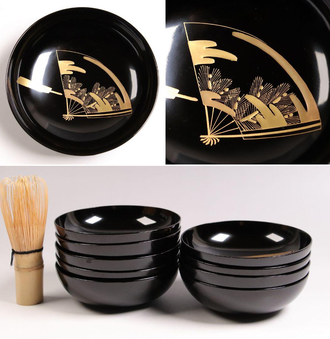 CG54 輪島塗 木製漆器 扇面金蒔絵 黒塗銘々木皿 九客 / 松取皿茶懐石道具