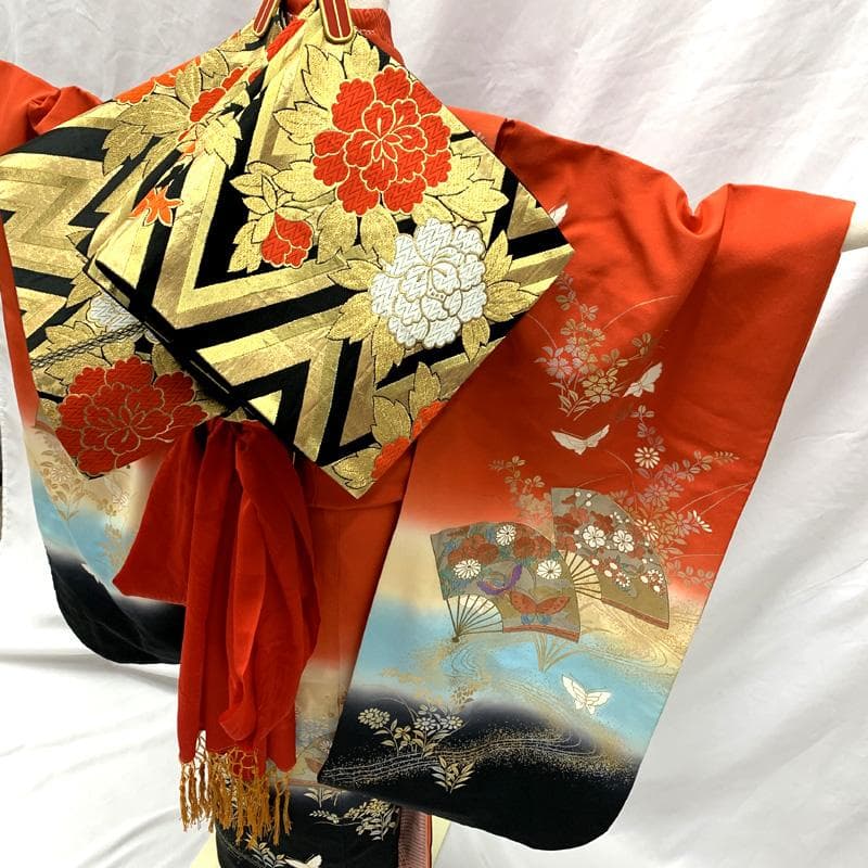 512ag62□七五三 七歳 女児 着物&袋帯 金彩 扇 流水に花□美品