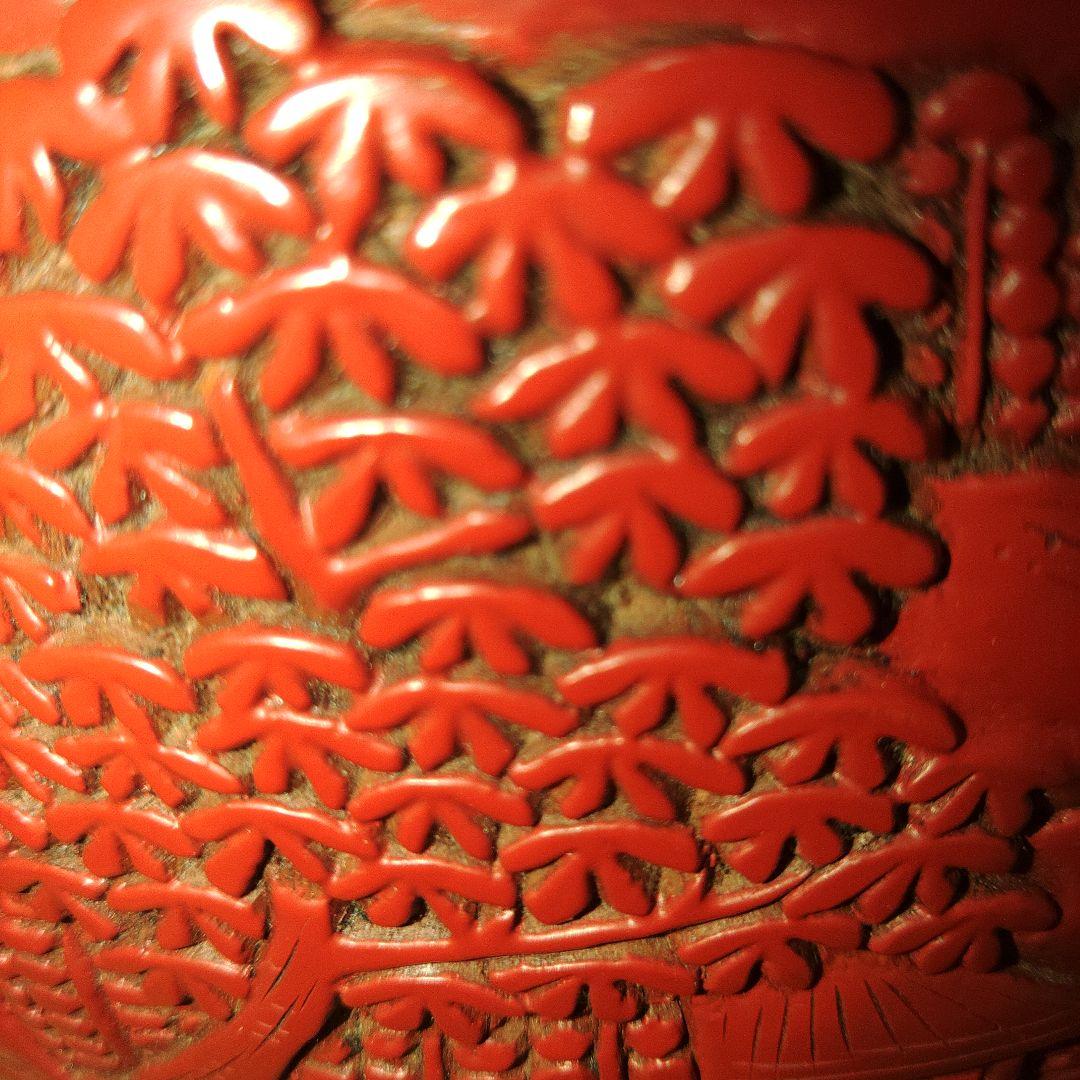 越後村上堆朱　山水図大花瓶　共箱付き