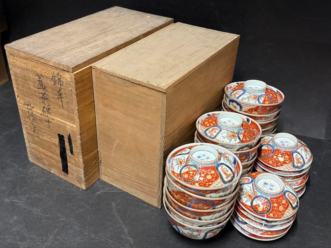 骨董 古伊万里 錦手 花鳥図 蓋茶碗 16客 無傷 明治 江戸 染錦 木箱