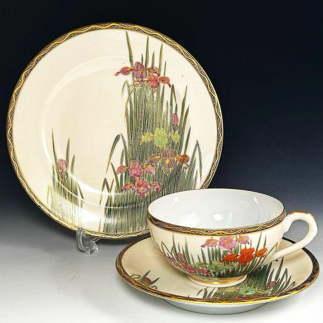 極美品■オールドニッポン 薩摩 エッグシェル 金彩 菖蒲図紋 キャビネットトリオ