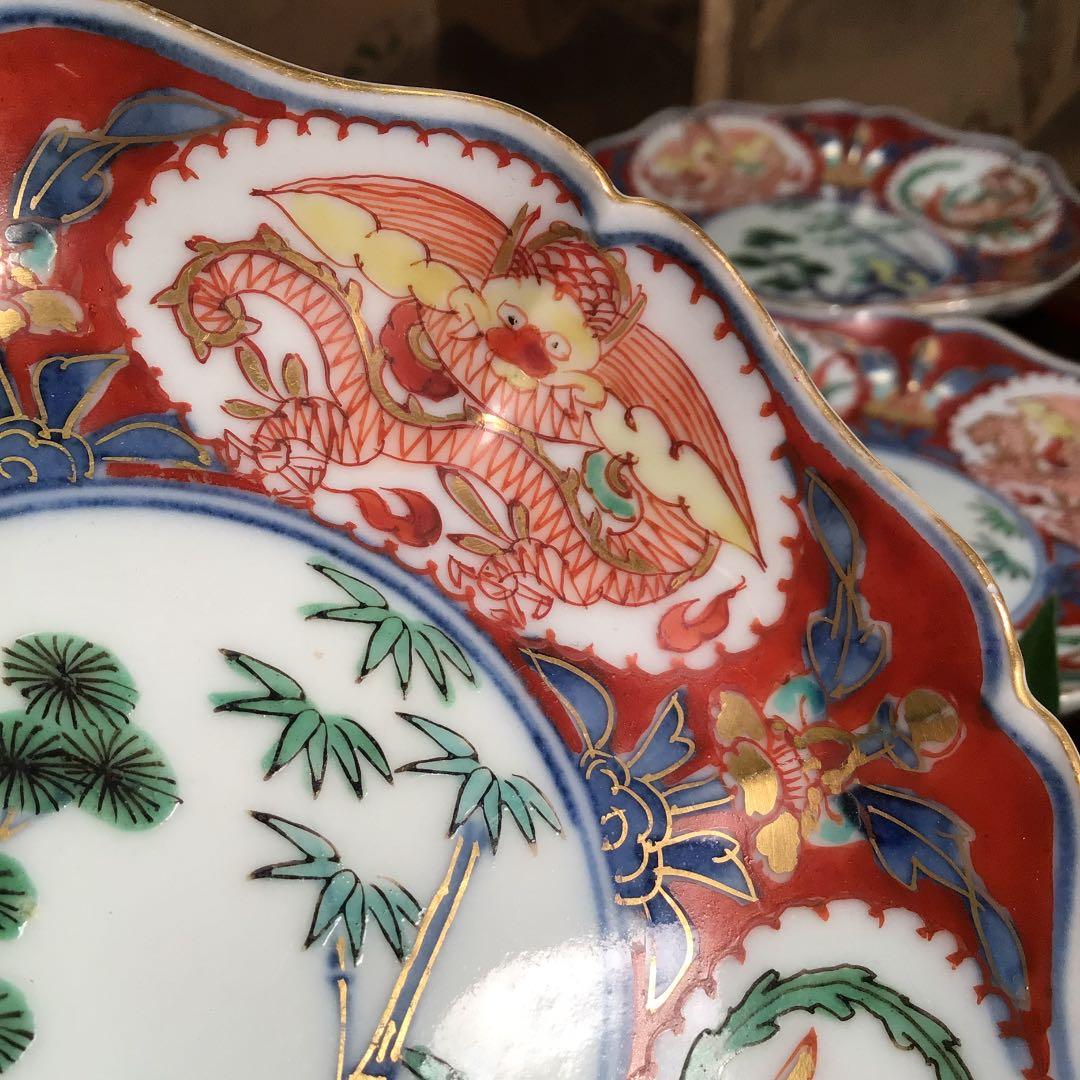A608 古伊万里　極上赤絵　窓絵に団龍鳳凰紋様　綾花型　金縁　小皿5枚（箱付）