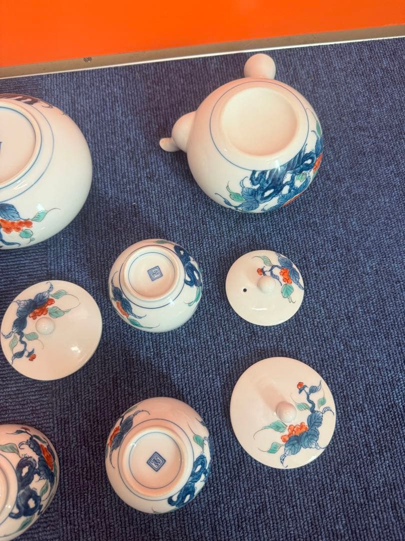 1776 有田焼畑萬陶苑 色鍋島内山水岩牡丹 茶器セット急須1 建水1湯呑蓋付4