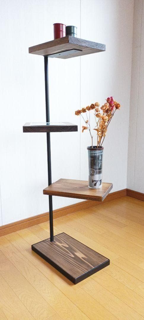 木製シェルフ　３６０度回転ラック　３段　アイアン家具　カフェ風　漢前　植物棚