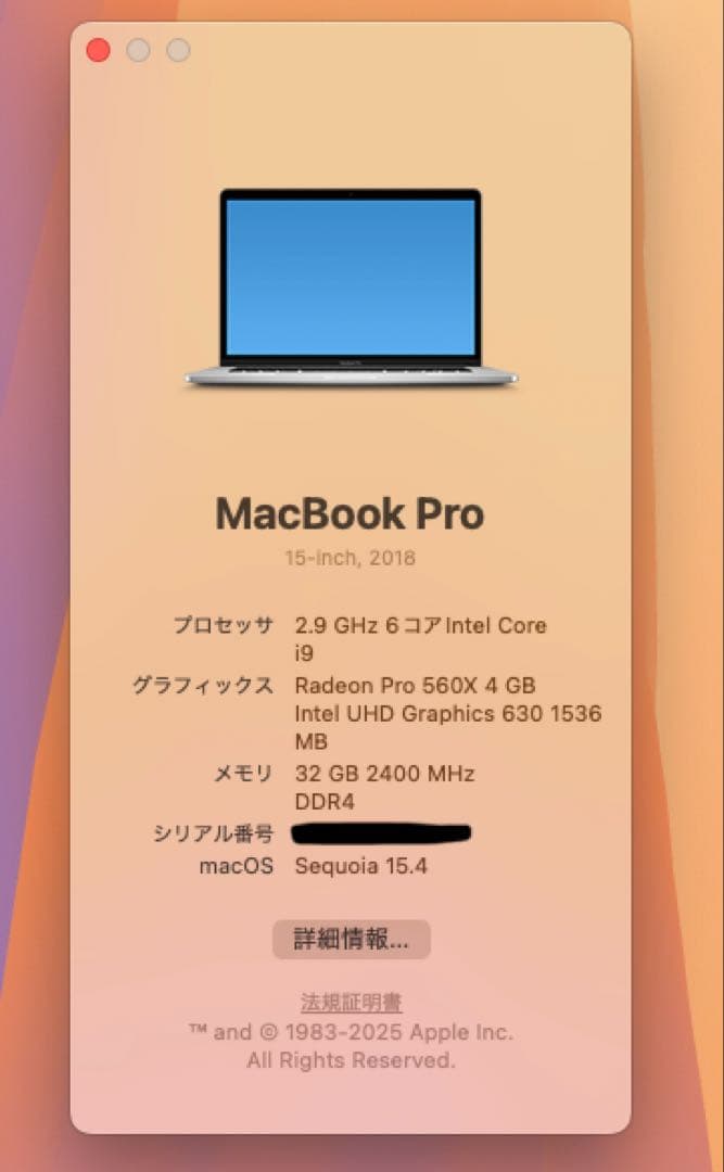 MacBookPro 2018 15インチ i9 32GB 512GB