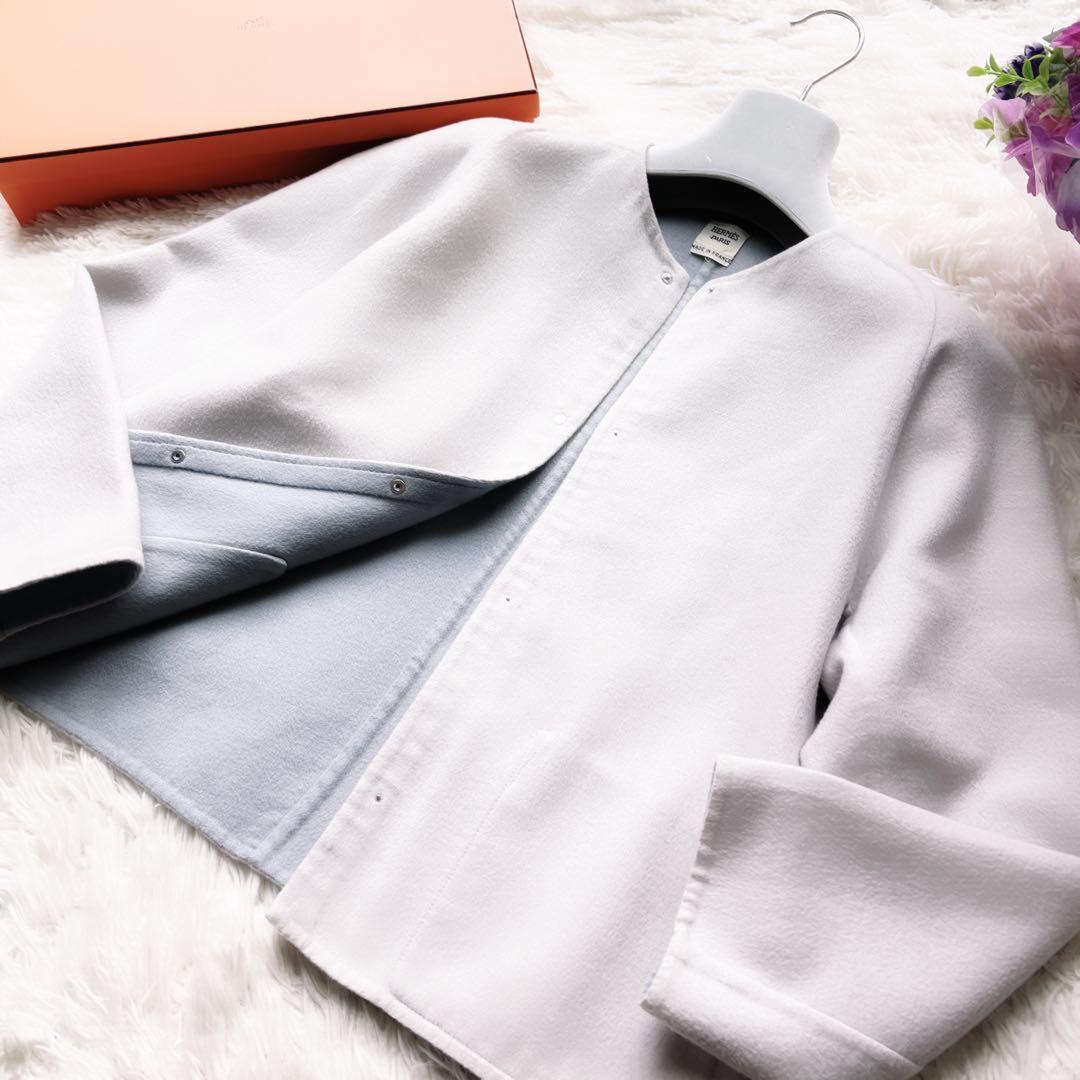 美品　HERMÈSエルメス カシミヤ ショート　ノーカラー　コート　ブルーグレー
