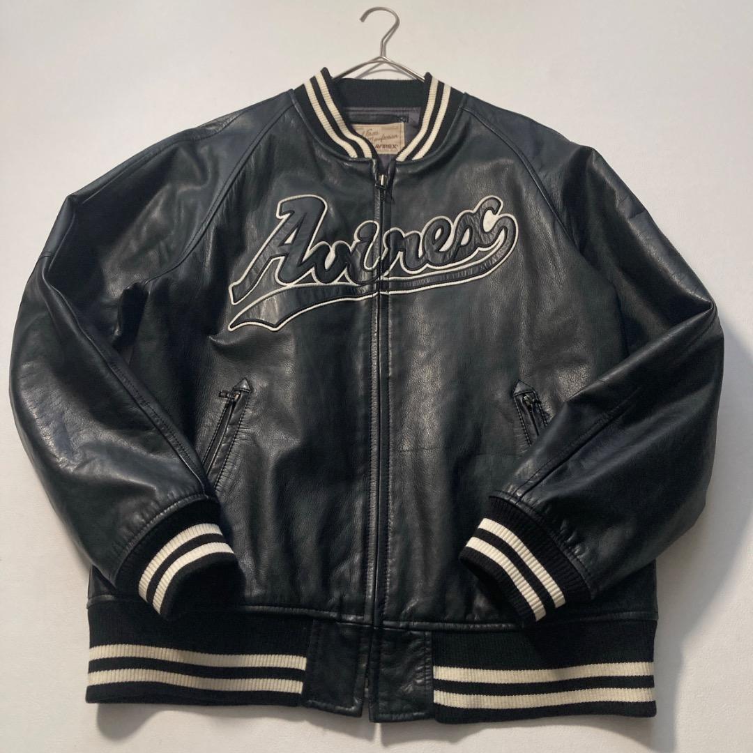 【ま】AVIREX スタジャン 中綿キルティング 刺繍ロゴ 牛革 黒