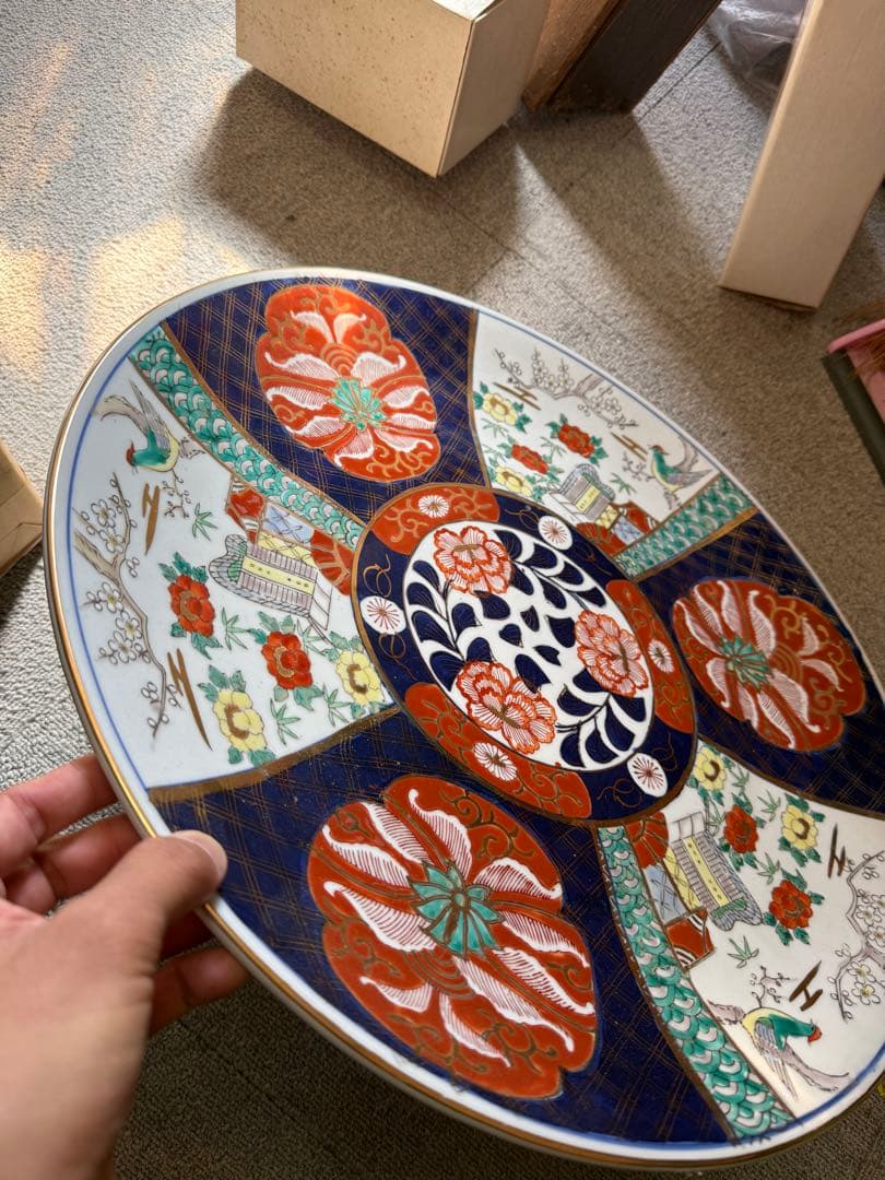 古伊万里 金襴手 花鳥楼閣文 大皿 明治初期 色絵飾皿 支釘跡五点 無銘 有田焼