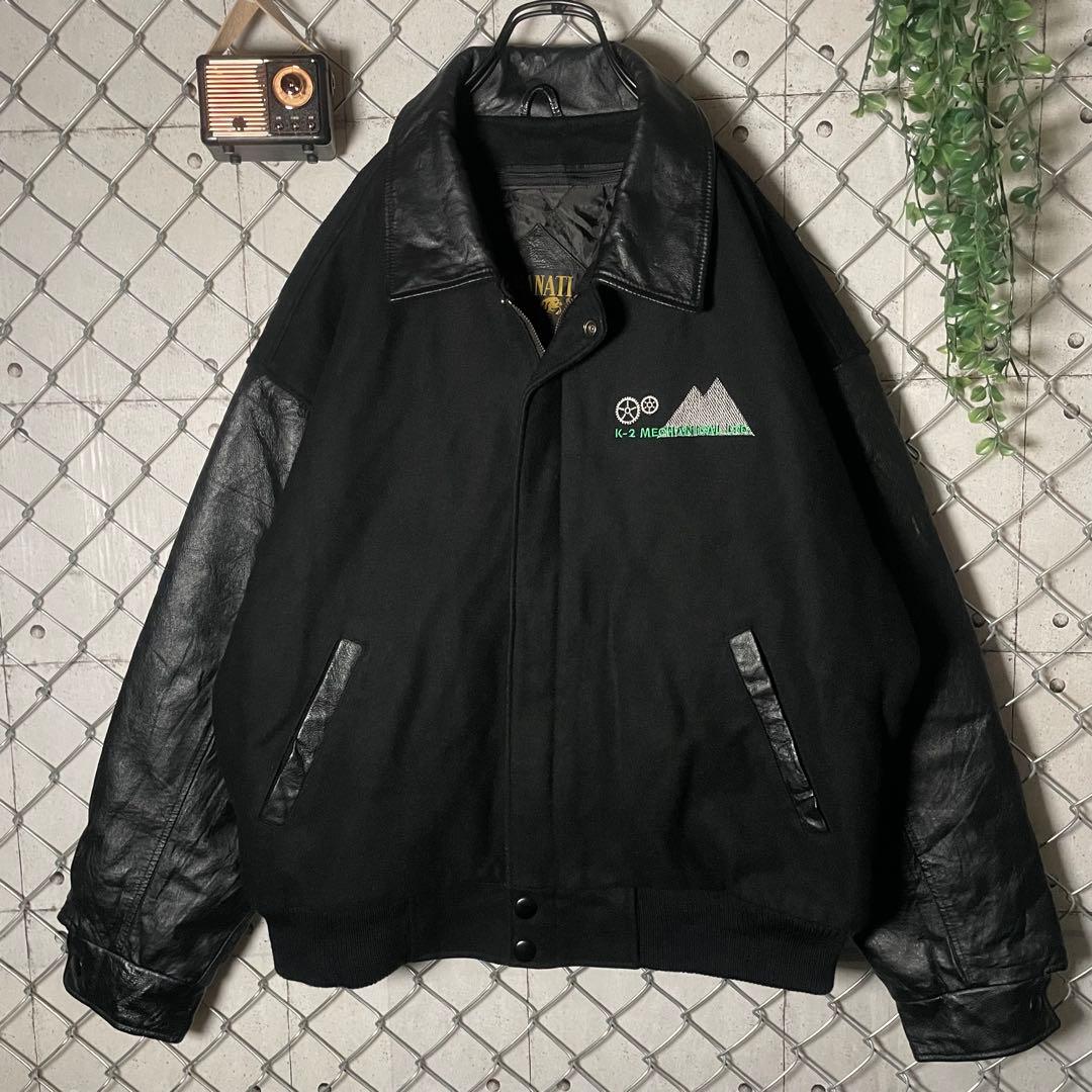 AMANATI アマナティ スタジャン 襟革 本革 企業ロゴ刺繍 黒 L程