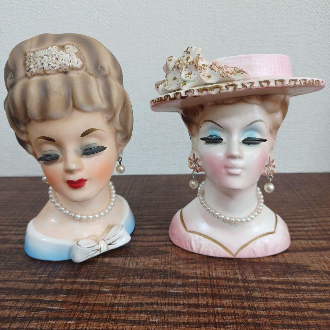 ビンテージ レディヘッドベース 陶器製の置物花瓶 水色とピンクのドレス2点セット