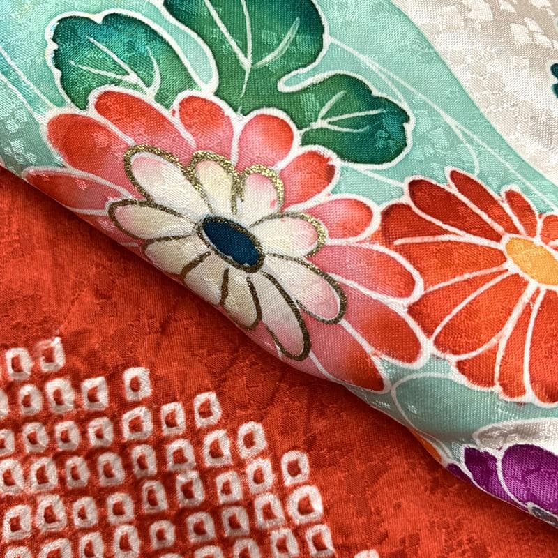 511ag11□七五三 七歳 女児 着物&袋帯 絞染め 御所車 鶴□状態良好