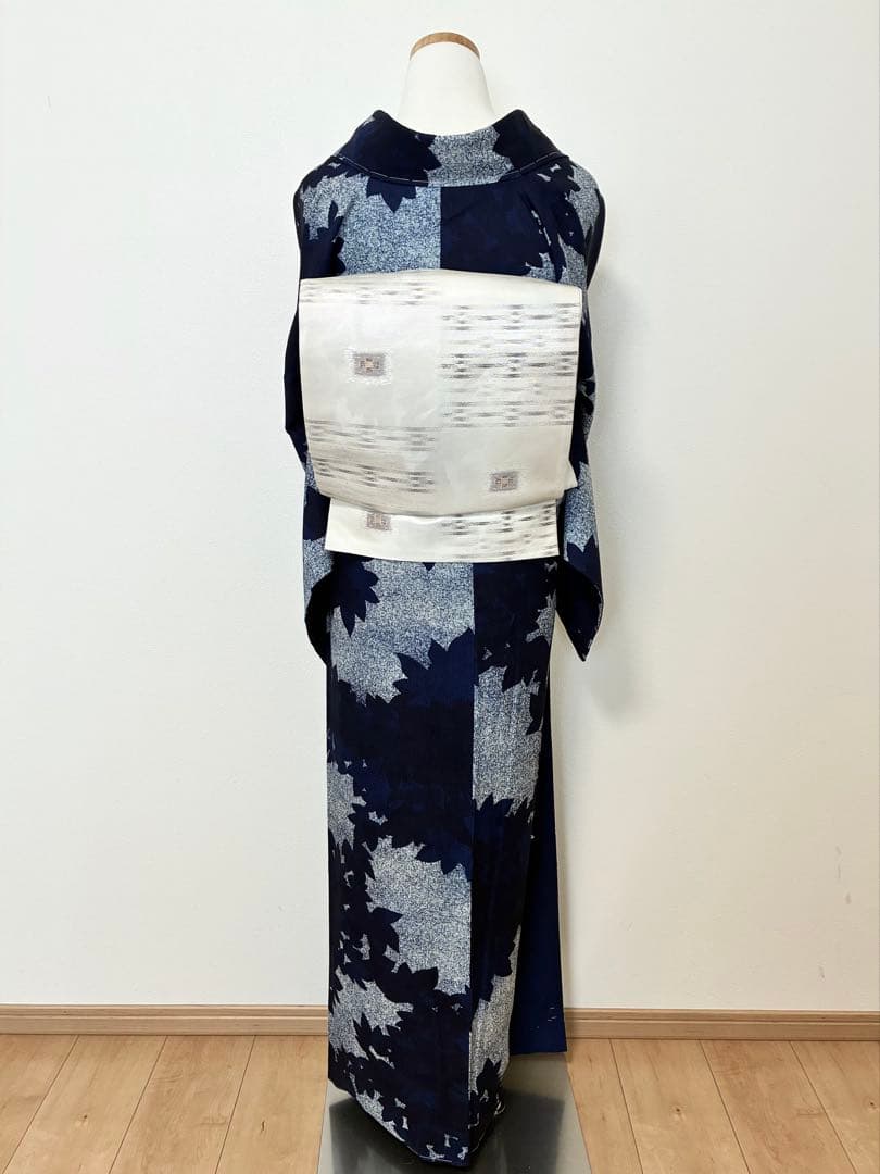 年末年始セール！　小紋　藍染　リーフ模様　裄67cm 正絹