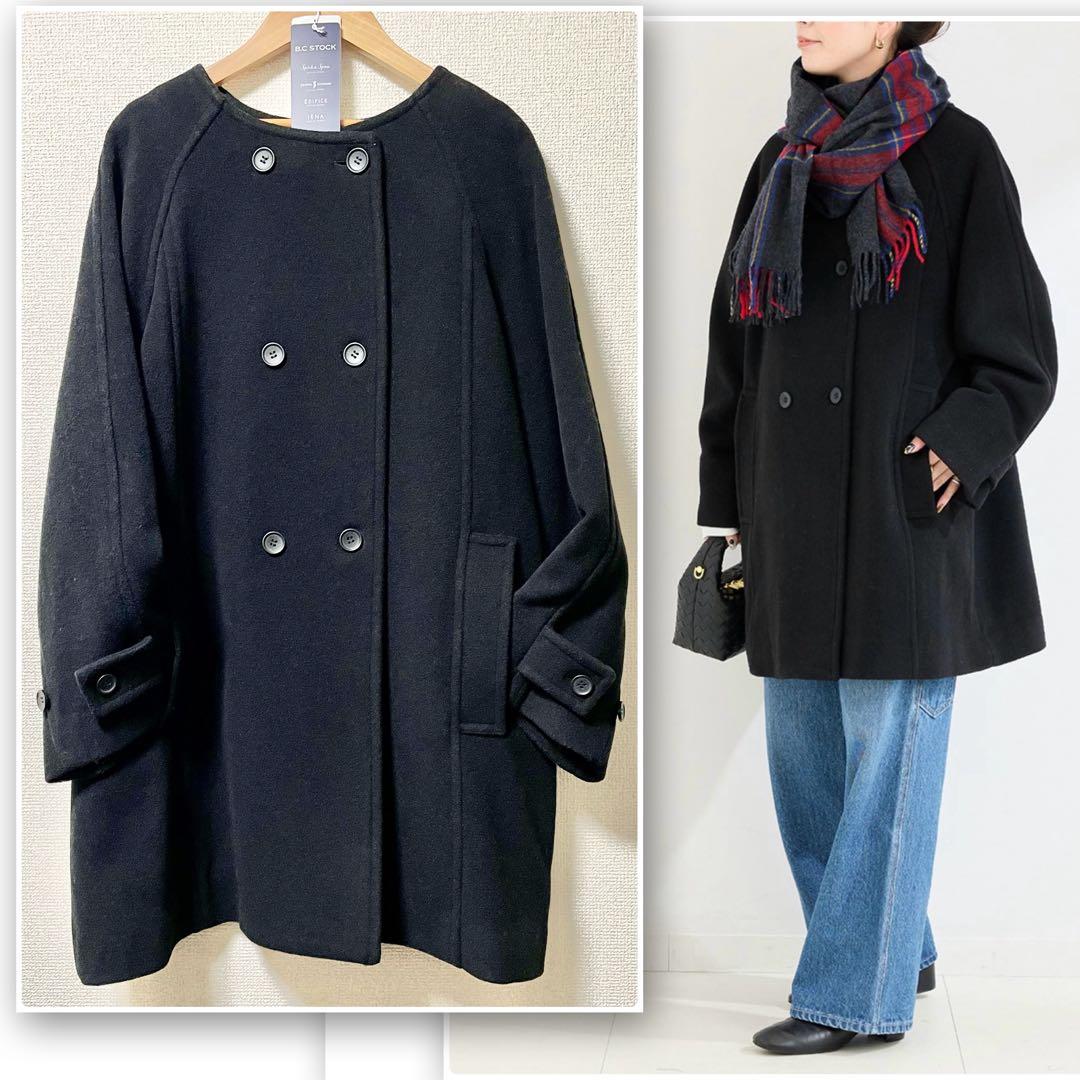 B.C STOCKソフトビーバーWボタンボクシーミドルコート＊マフラー巻きやすい