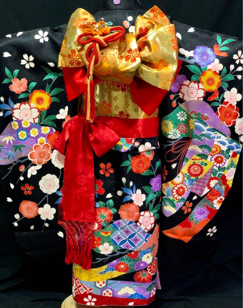 七五三　7歳　熨斗　黒　四つ身　着物　作り帯　セット　女の子　753 七歳