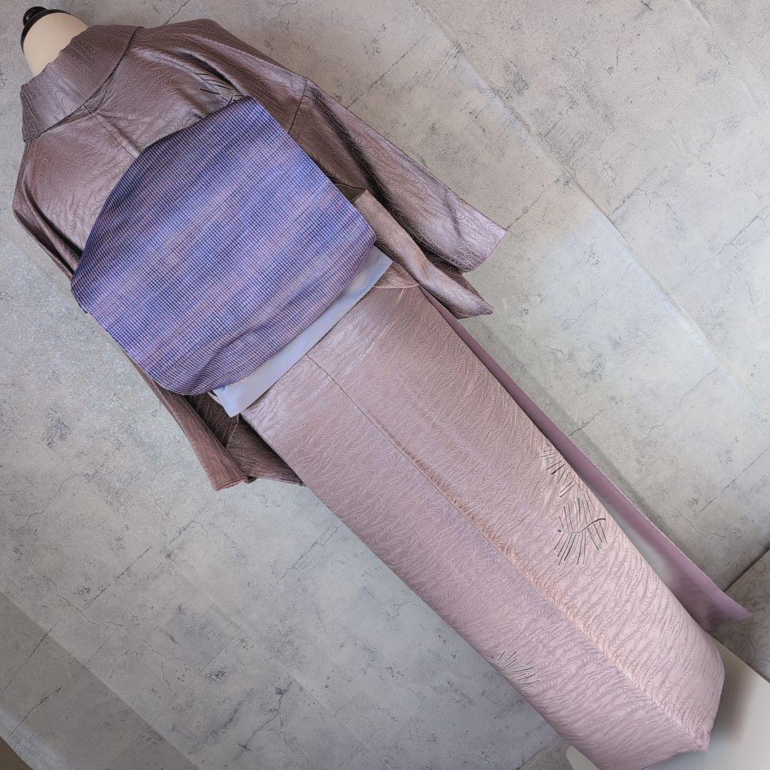 訪問着　フルセット　付け下げ　着物　正絹　紫　地紋豪華　波　帯草木染羅峰錦　B2