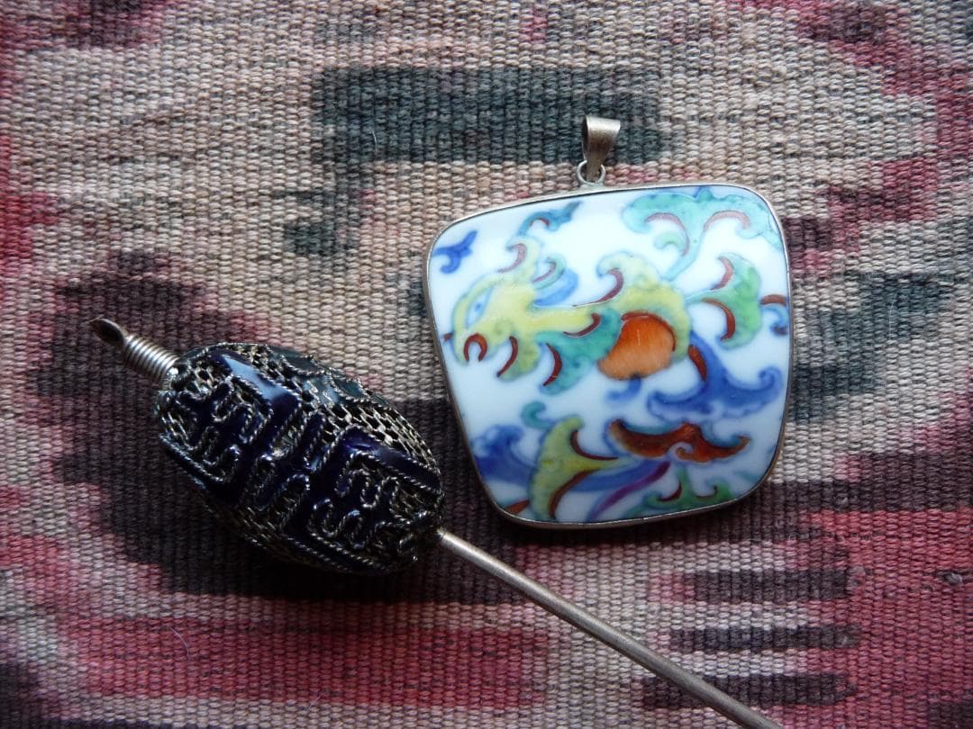 中国　銀細工　七宝　銀線　簪　粉彩　ペンダント