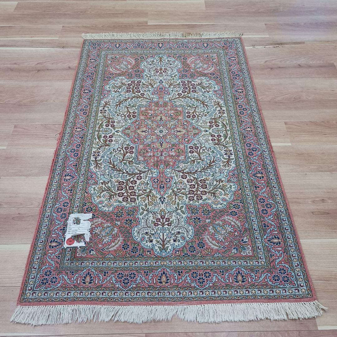 Y3203 インド カシミールシルク 絨毯 手織り 153×94㎝