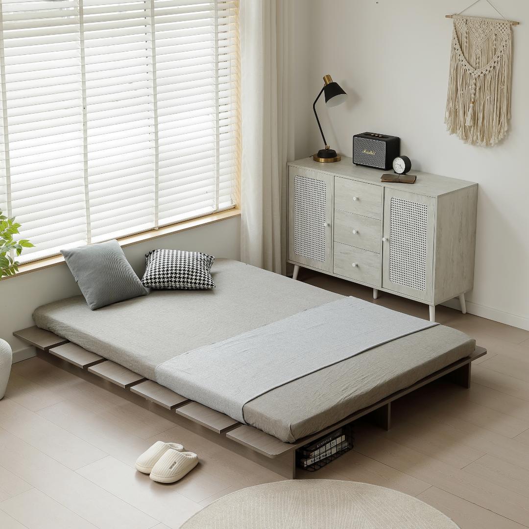 【幅140cm】ベッド　脚付き　木目調　コンパクト　GREY