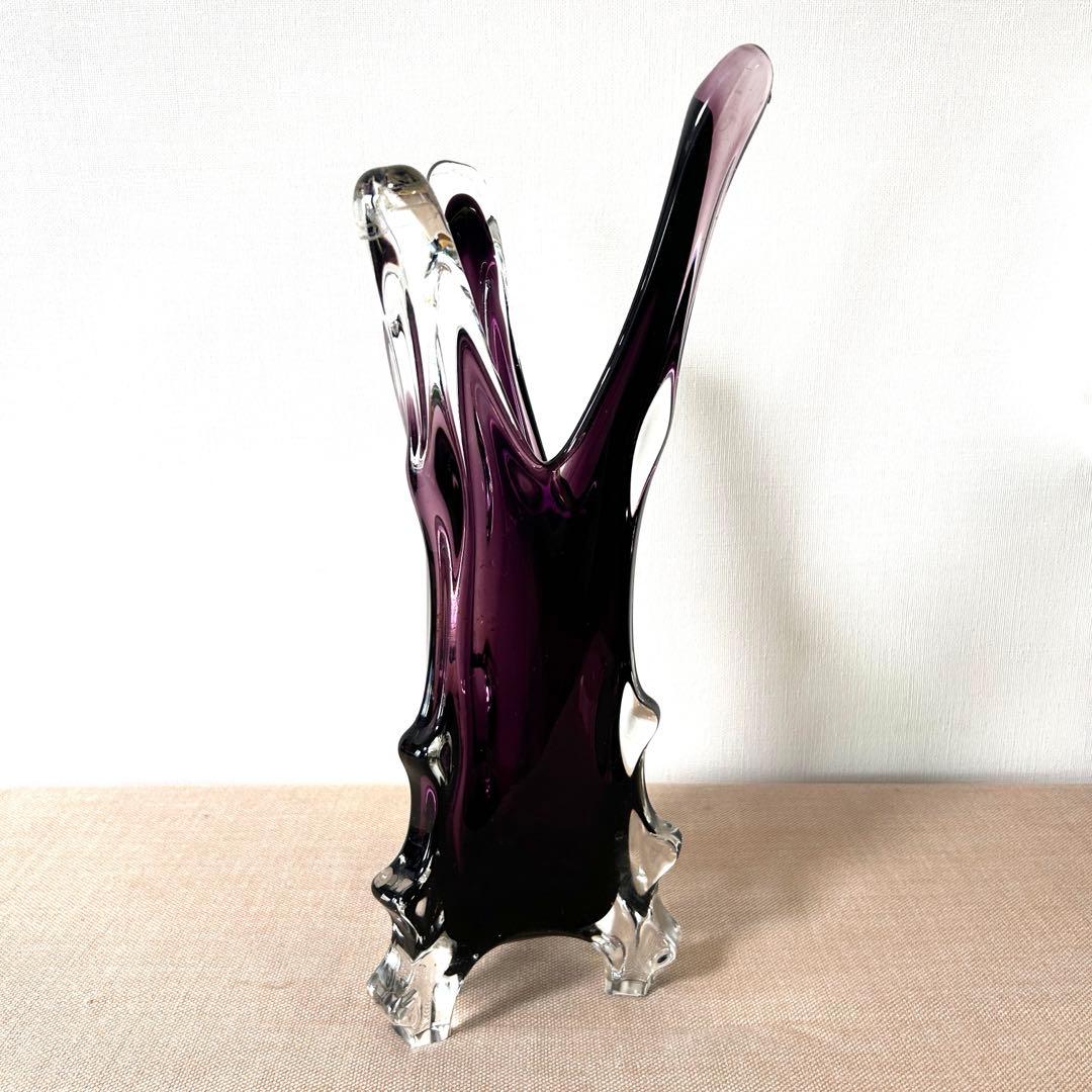 紫と透明のガラス花瓶 アートガラス