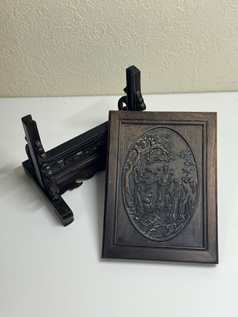 中国美術 骨董 硯屏 木製 彫刻品 福禄寿