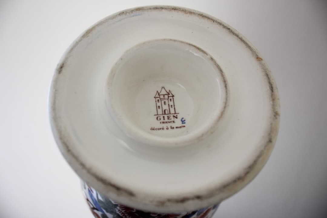 フランス　GIEN　ジアン　ハンドペイント　ファイアンス焼　花瓶　牡丹