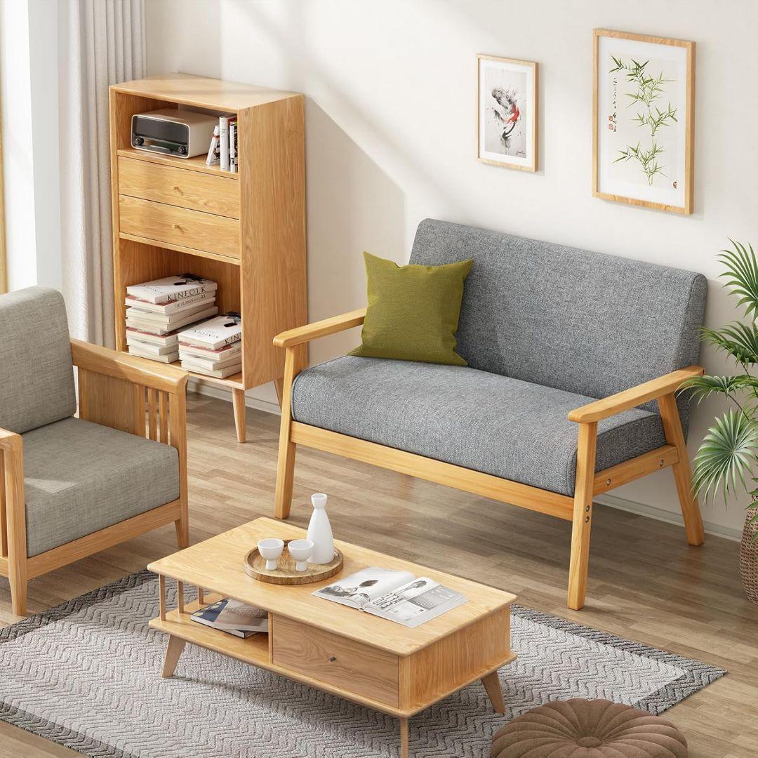 ソファー 2人掛け 幅113cm ファブリック かんたん組立 天然木 グレー