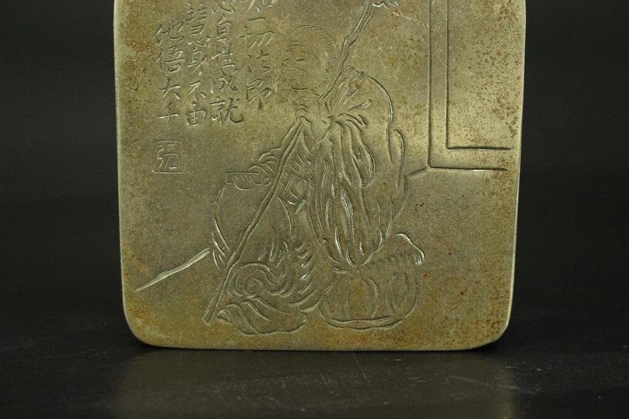 中国美術 古錫 刻 人物 題詞 朱肉 蓋物(HA432)