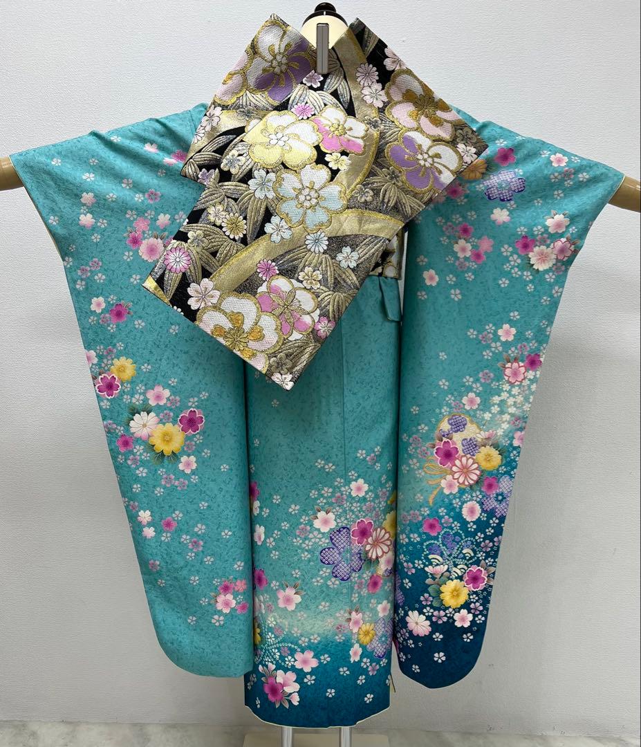 振り袖　フルセット　長襦袢付　ブルー　成人式　金彩加工　刺繍入り　銀通し　754