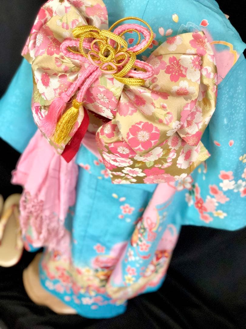 七五三　7歳　女の子　水色　桜　四つ身　着物　作り帯　セット　753 七歳　7才