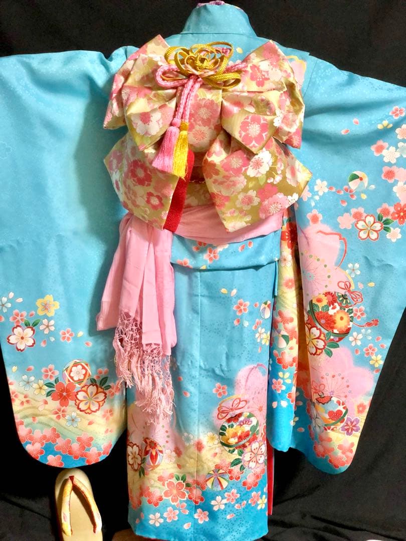 七五三　7歳　女の子　水色　桜　四つ身　着物　作り帯　セット　753 七歳　7才