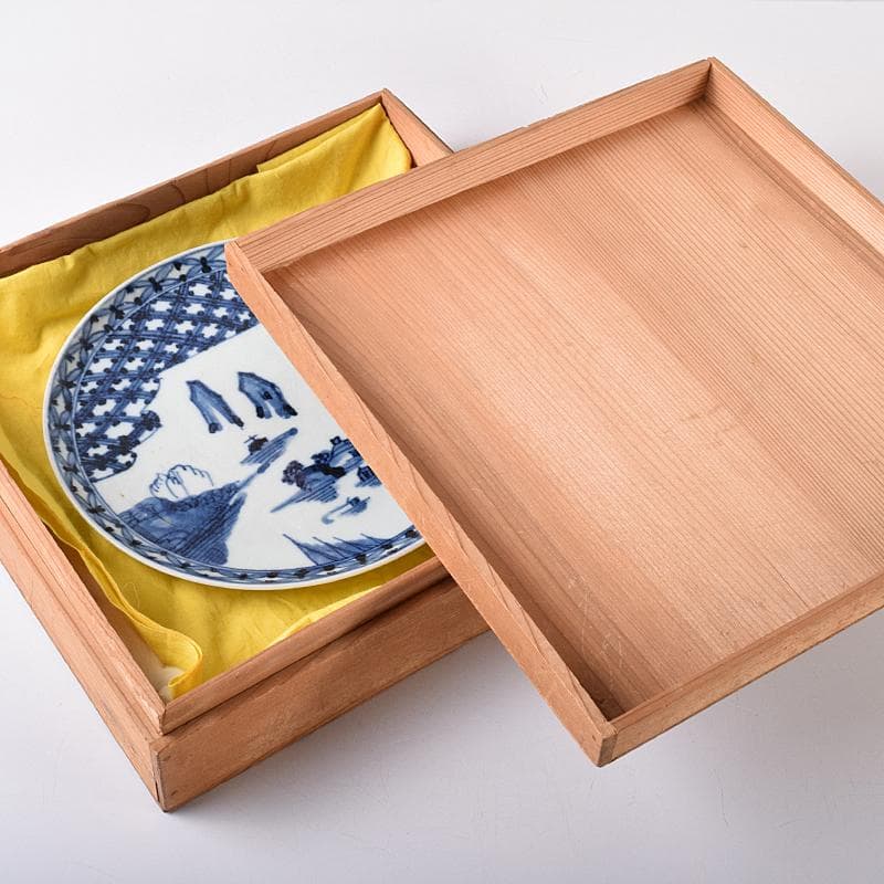 古伊万里　初期伊万里　大明成化年製款　染付　山水文　飾皿　時代箱　M　R7968